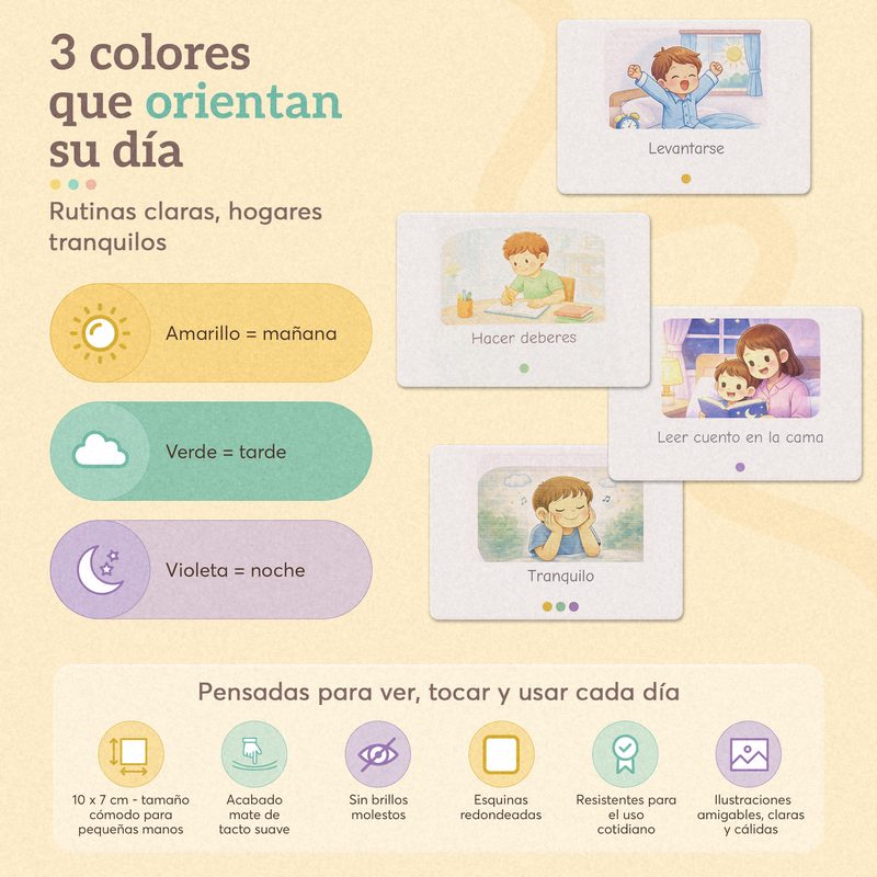 Tarjetas organizadas por colores según el momento del día