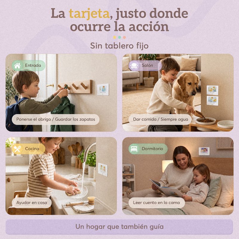 Tarjetas colocadas en la entrada, el salón, la cocina y el dormitorio