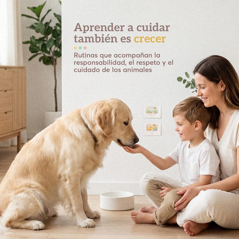 Madre e hijo dando de comer a un golden retriever