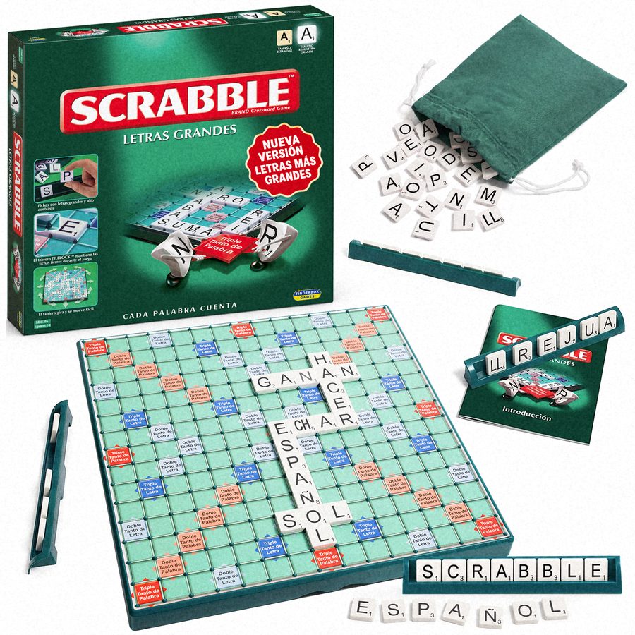 Después: imagen principal de Scrabble Letras Grandes, limpia, con caja, tablero y fichas ordenadas