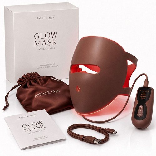 Máscara LED Glow Mask de Anelle Skin con su caja, bolsa y mando sobre fondo blanco
