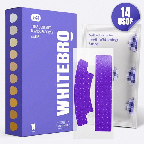 Caja y tiras blanqueadoras Whitebro sobre fondo claro