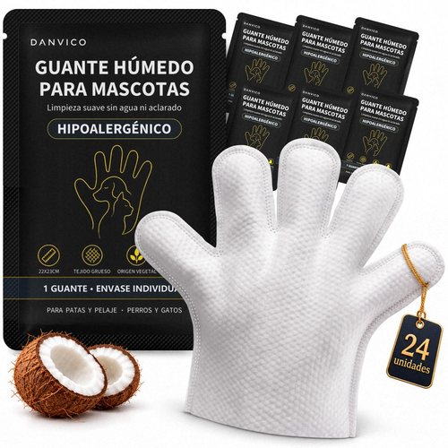 Guante húmedo Danvico para mascotas con sus envases sobre fondo blanco