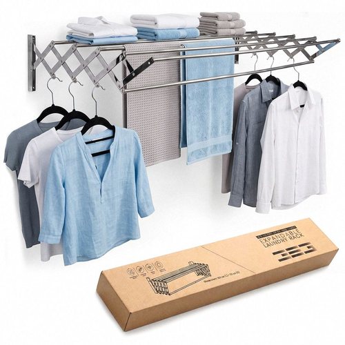 Tendedero extensible 3EG con ropa y su caja sobre fondo blanco