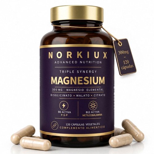 Bote de magnesio Norkiux con cápsulas sobre fondo blanco