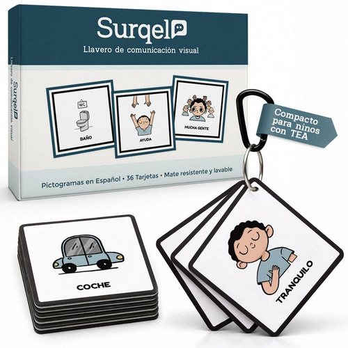 Llavero de comunicación visual Surqel con su caja y tarjetas sobre fondo blanco