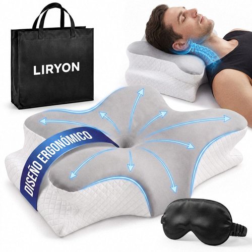 Almohada ergonómica Liryon con su bolsa, banda azul y antifaz sobre fondo blanco