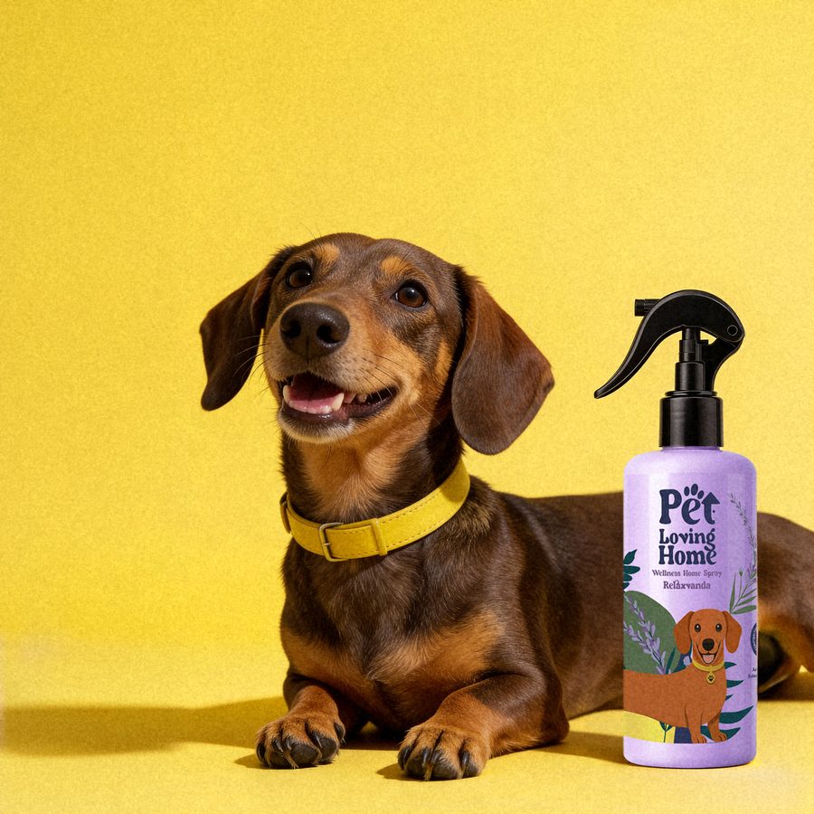 Perro salchicha con collar amarillo junto al spray Pet Loving Home sobre fondo amarillo