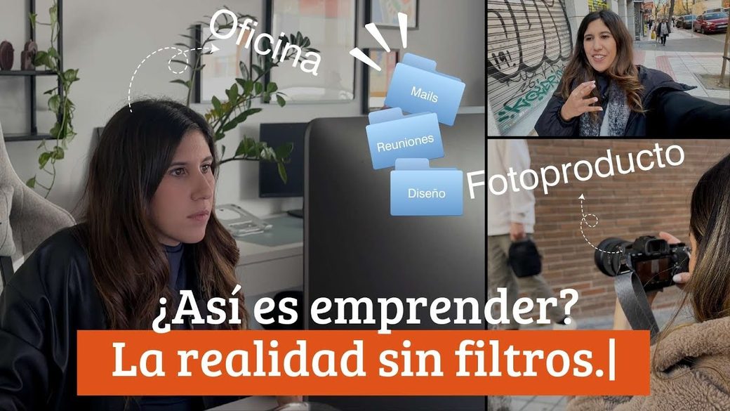 Diana en su oficina y en una sesión de fotos, con el texto: ¿Así es emprender? La realidad sin filtros